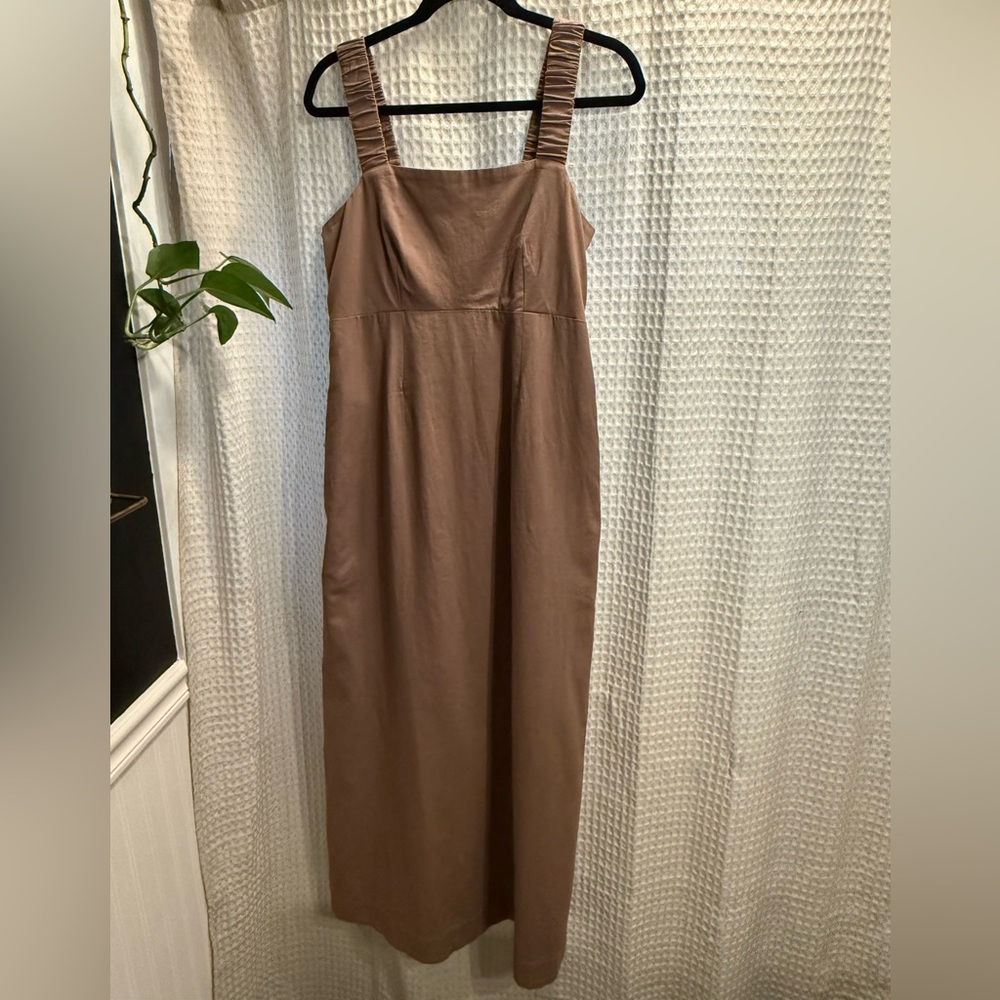 Pact organic cotton linen Taupe Square-Neck Maxi Dress with Ruched Straps
